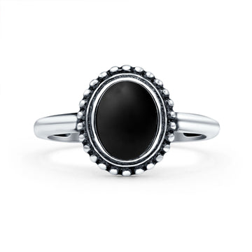 Petite Dainty Lab Opal Ring Solid Round Oxidized Simulated Black Onyx 925 Sterling Silver